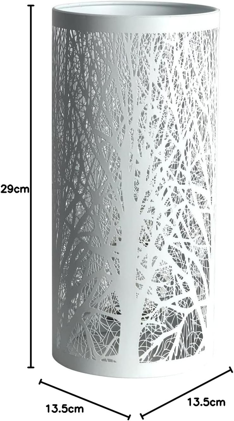 Lightsup Online White Forest Hollow-Out Decorative Table Lamp with Metal Cylindrical Shade, E27 Bulb Base Bedside Lamp - Button Control Nightstand Lamp for Living Room, Bed Room, Lounge, Kids Room