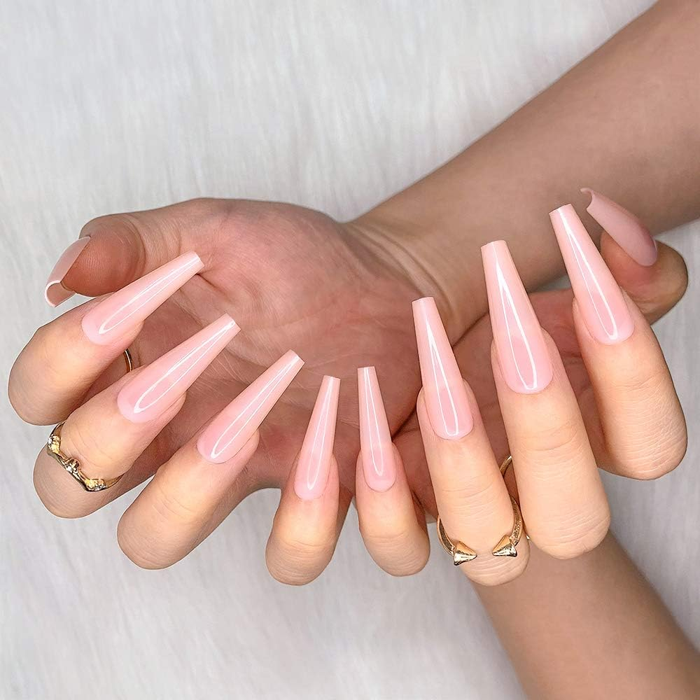 Artquee 24Pcs Light Nude Clear Pure Color Ballerina Long Coffin Glossy Fake Nails Press on Nail False Tips Manicure for Women - Cb-14 image number 4