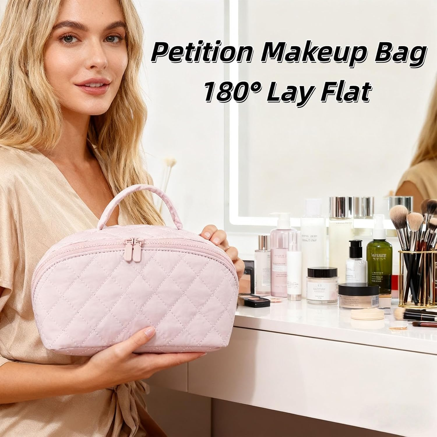 2 Pack Travel Makeup Bag Set with Clear Pouch, Women'S 180&deg; Lay-Flat Waterproof Cosmetic Organizer with Multi-Compartment, Large Capacity Toiletry & Brush Case for Daily Use and Travel (Pink)