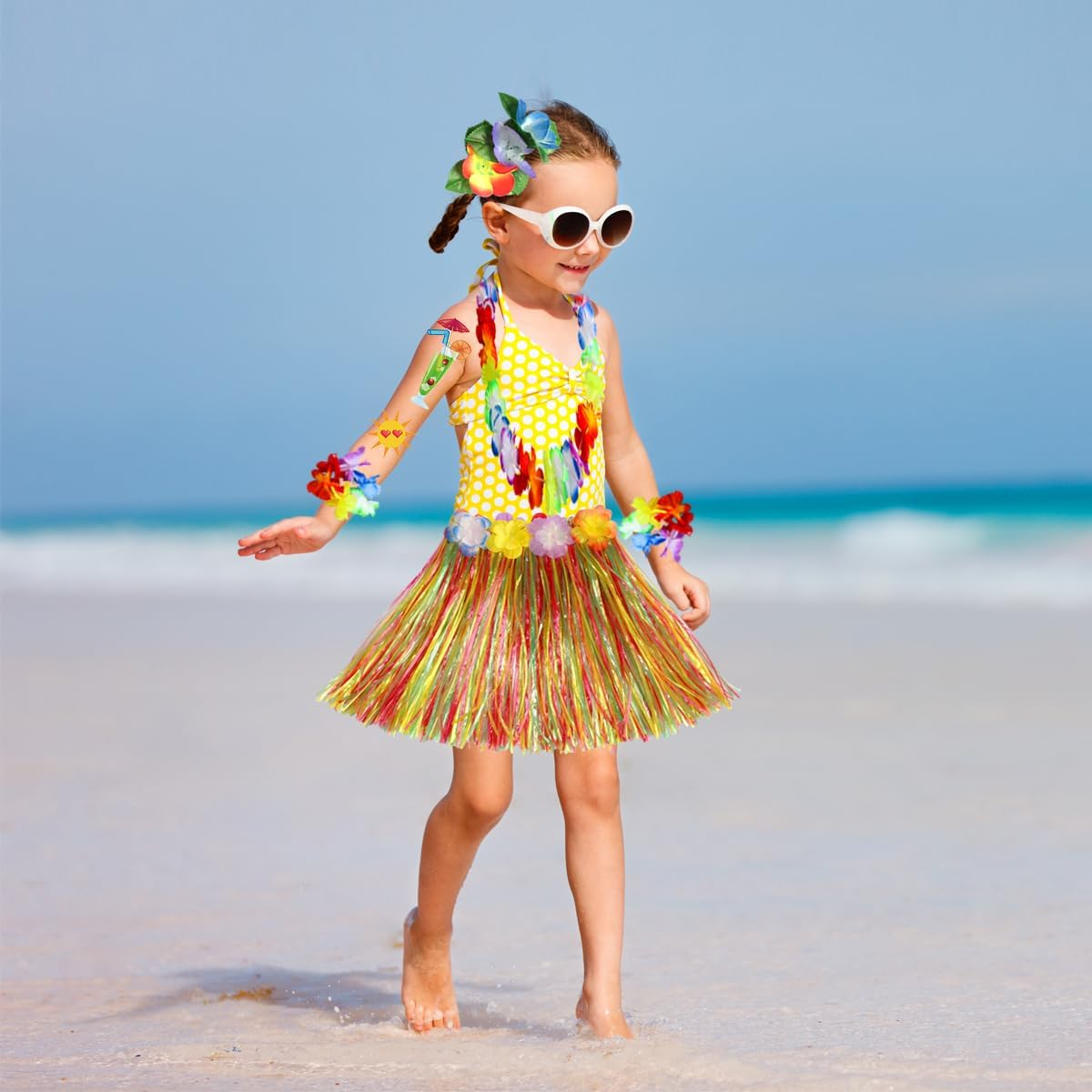 8Pcs Hawaiian Hula Skirt Costume Set,40Cm Hawaiian Grass Skirt,Hawaii Leis,Pineapple Glasses for Kids Fancy Dress Supplies Summer Beach Tropical Party Decorations - Green image number 7