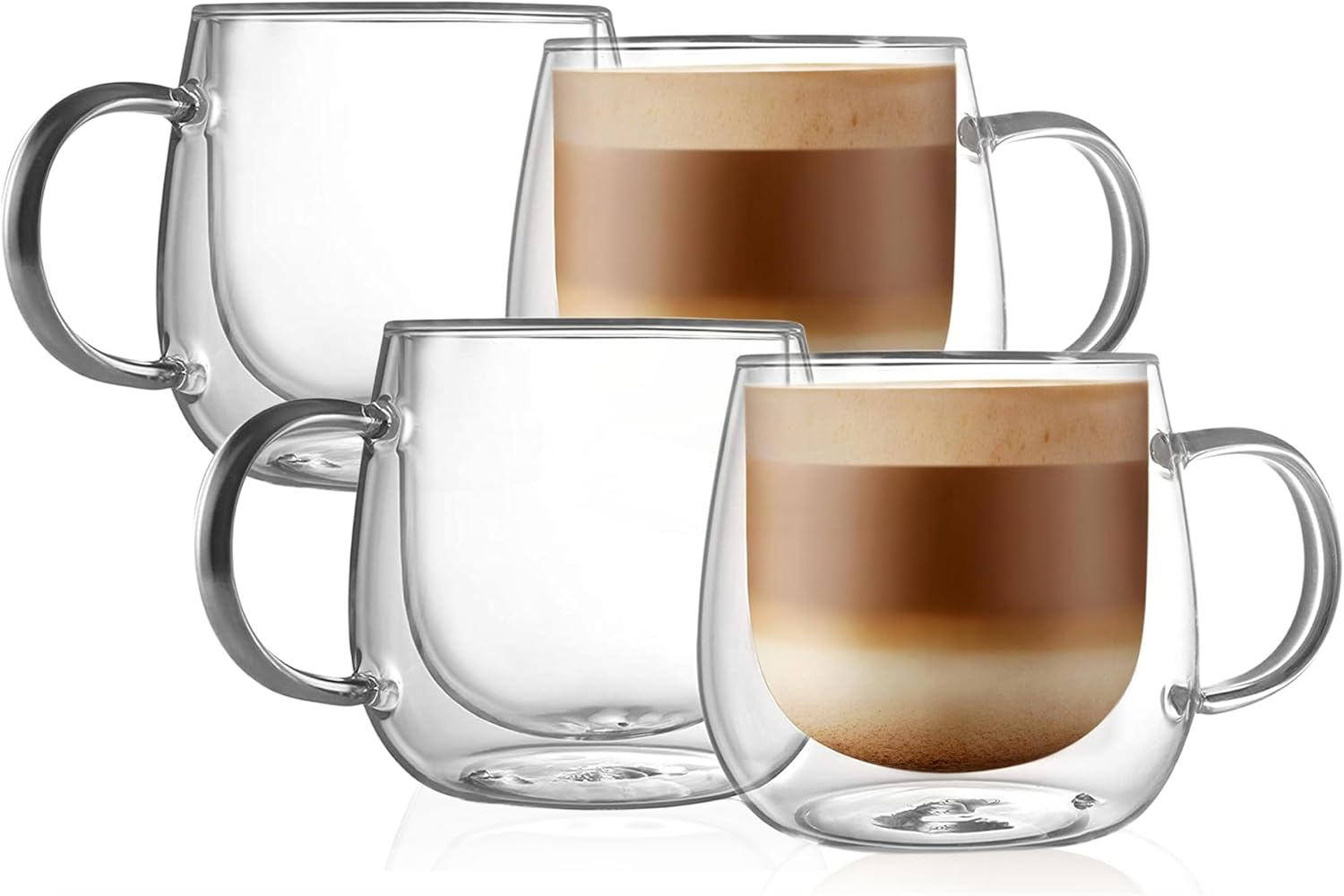 Cnglass Large Double Wall Coffee Mug 16Oz,Set of 4,Insulated Glass Coffee Cups with Handle,Espresso Mugs for Latte,Cappuccino,Tea