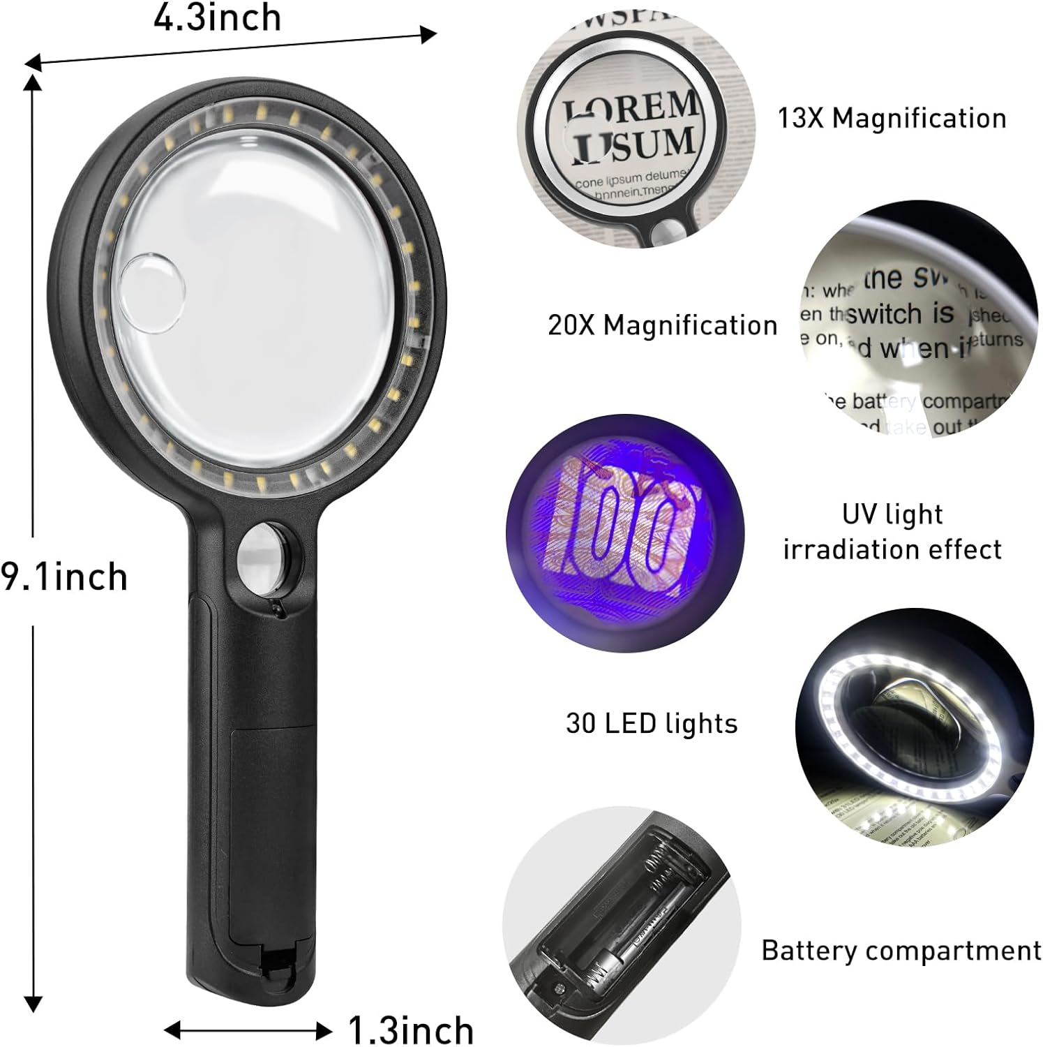 Magnifying Glass with 30 LED Lights, 10X 20X 45X Lighted Magnifying Glass Handheld with 1UV Light, Illuminated Lighted Magnifier for Seniors Reading Watch Repair Soldering Close Work