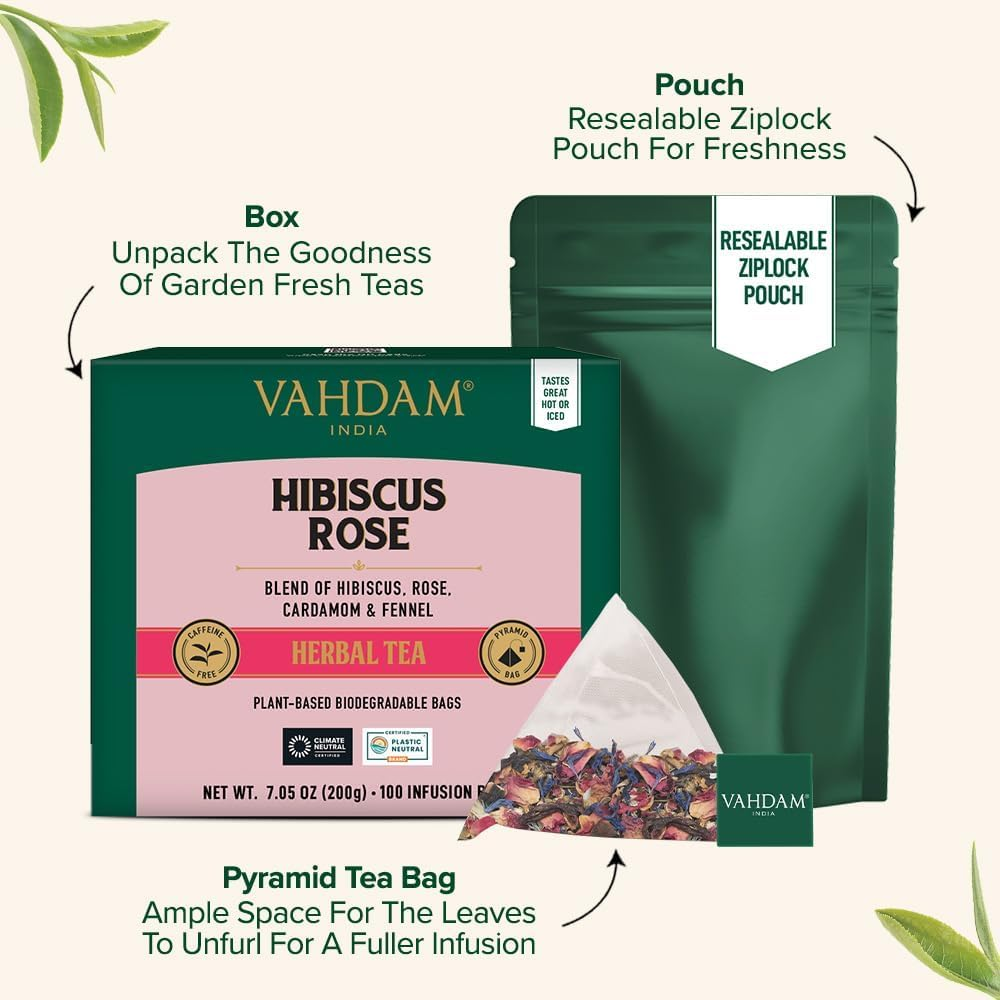 VAHDAM, Hibiscus Rose Herbal Tea Bags (100 Count) Caffeine Free, Non GMO, Gluten Free Hibiscus Tea | Floral Flavor Tisane - Hibiscus Rose Petals & Exotic Spices | Resealable Ziplock Pouch image number 2