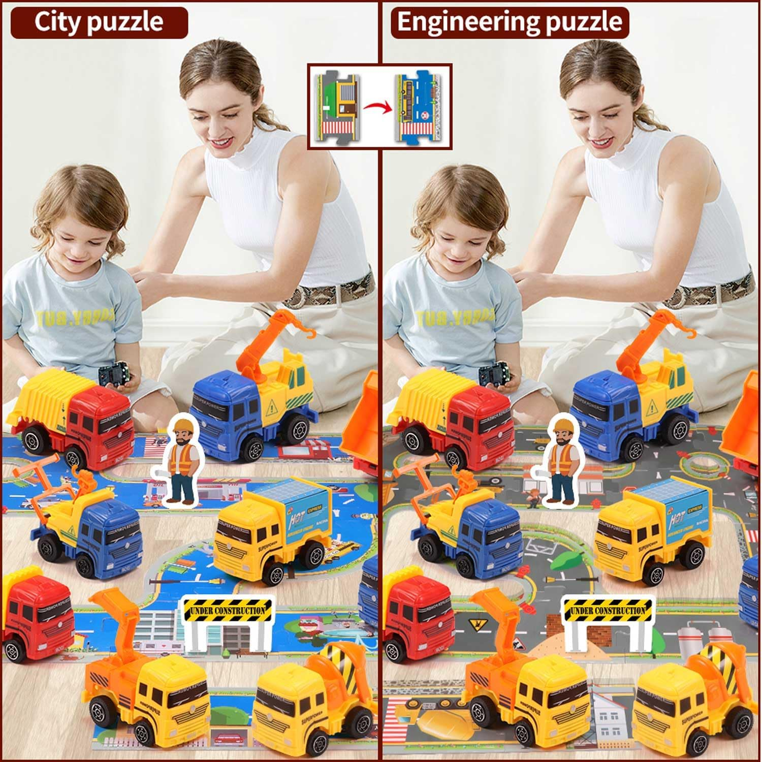 Pull Back City Cars and Trucks Toy Die Cast Vehicle Set Model Car, Friction Powered Mini Car Pack Toy Set with Play Mat, City Puzzle Engineering Car Set Toys for Kids 3 4 5 6 7 8 Years Old Boy Gifts image number 1
