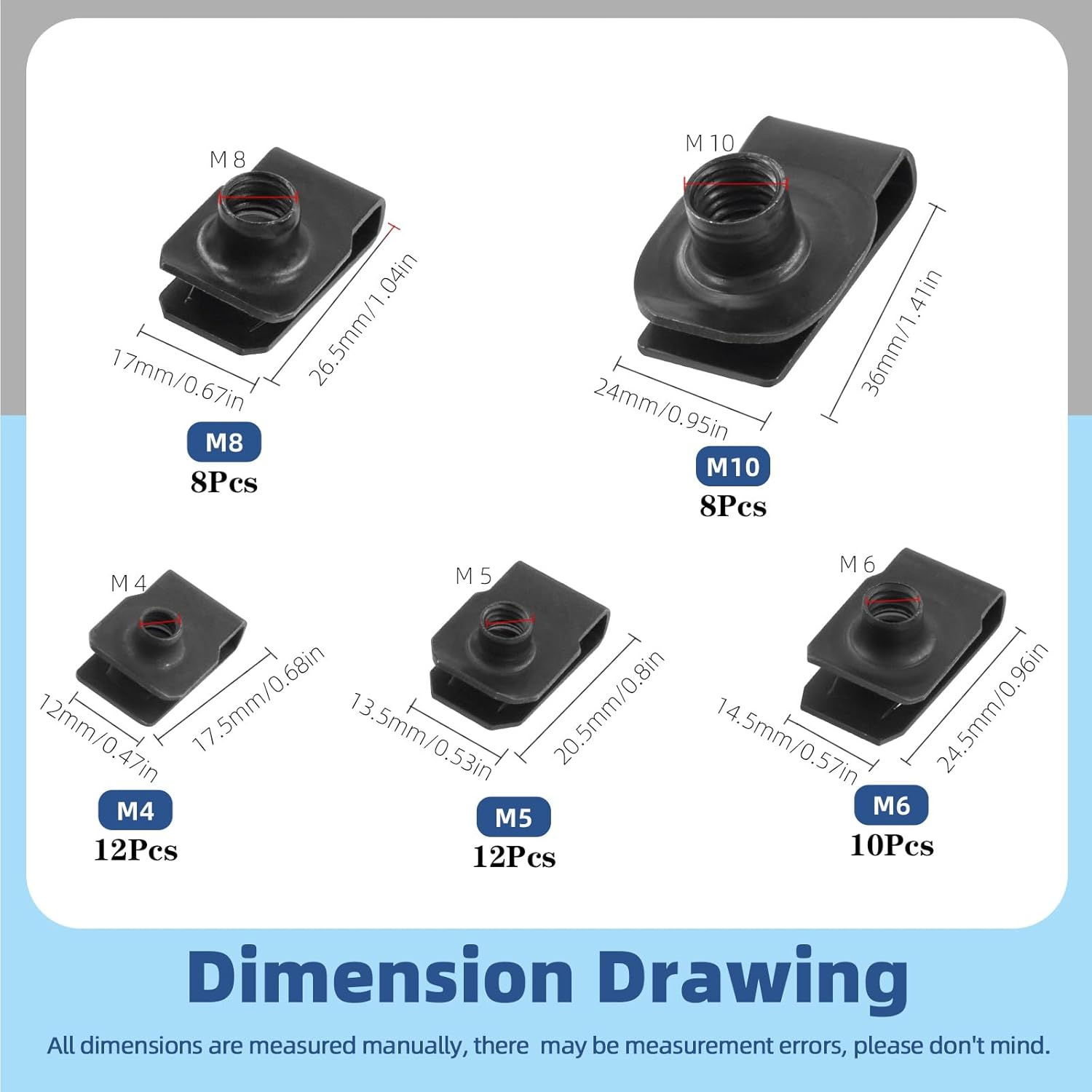 Glarks 50Pcs M4 M5 M6 M8 M10 U-Style Clip-On Nuts Set, Black Carbon Steel Thread Clip Nut, U Nuts Clamp Set, U-Shaped Nut, Automotive U-Clips for Engine, Fender, Bumper, Dash, Interior Trim Panels - Gold image number 6