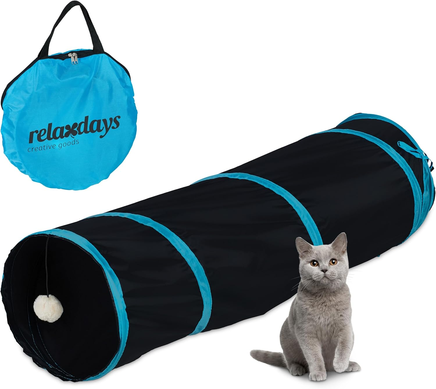 Relaxdays Cat Tunnel Foldable Cat Tube with Toy, Interactive Cat Play Tunnel, W X D: Approx. 88 X 25 Cm, Blue