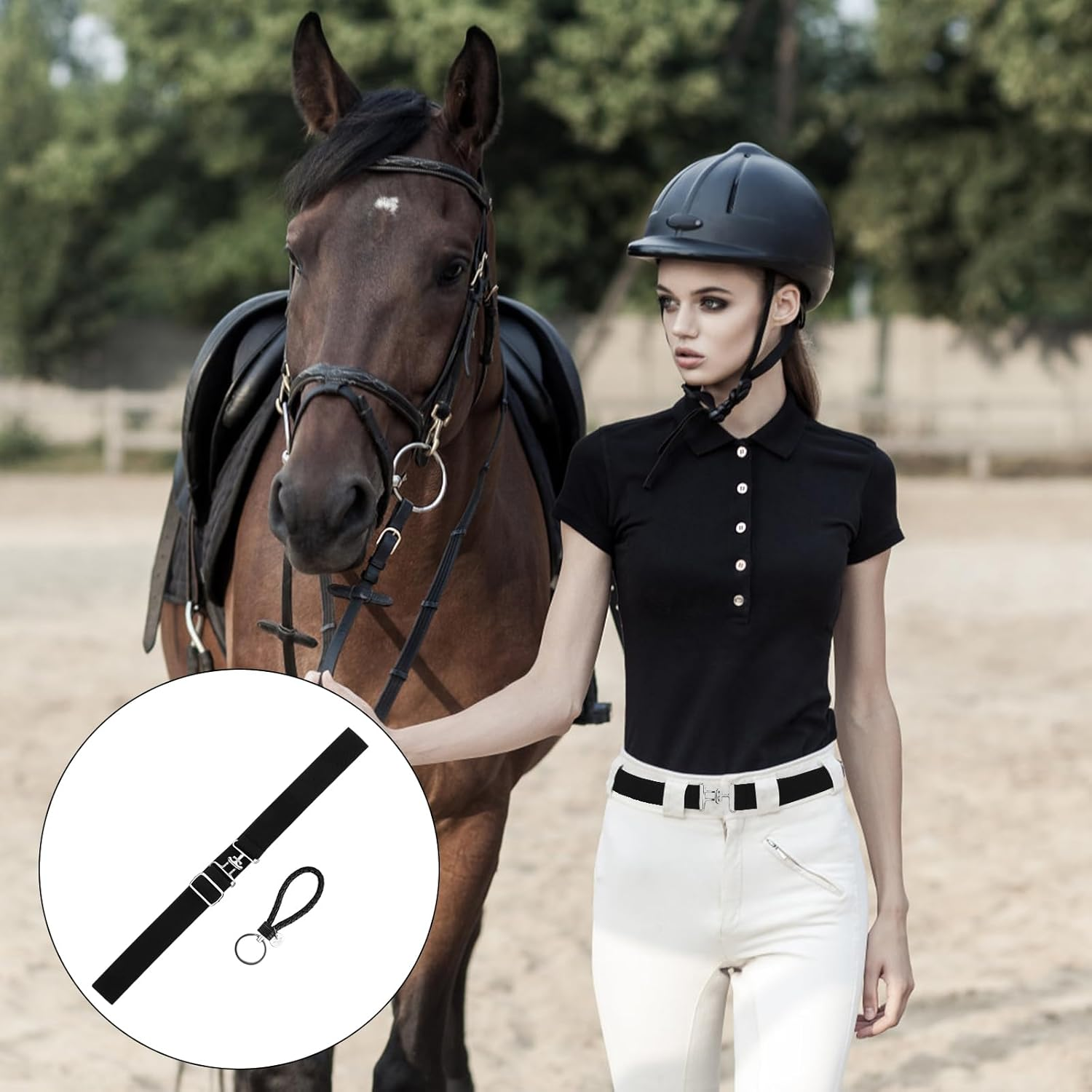 1.5In Elastic Equestrian Belt & Keychain, Horse Riding Belt with Surcingle Buckle Horse Bit Belt Comfortable Waist Belt Leather Key Strap for Equestrian Horseback Riding Sports image number 4