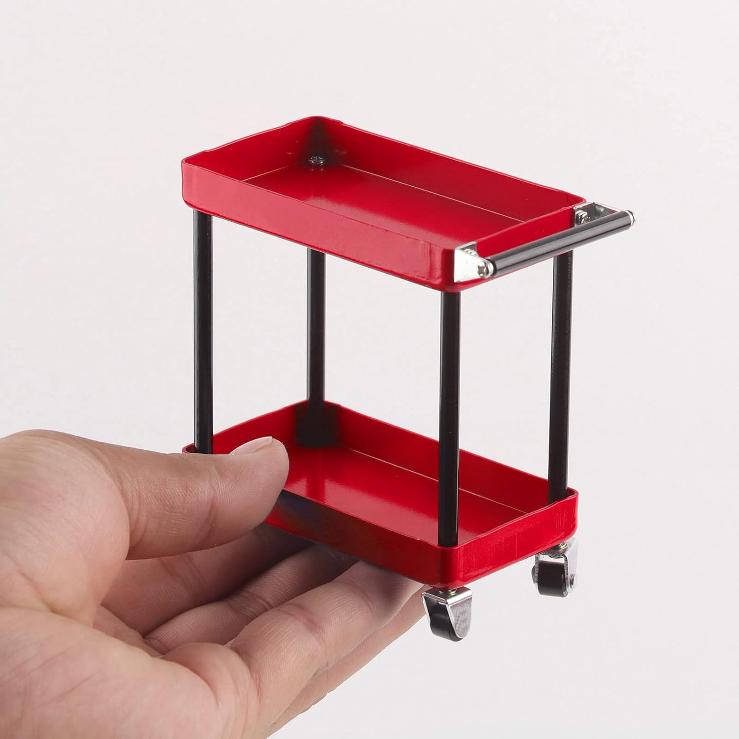Joyzan RC Tool Trolley, Mini 2 Tier Tools Storage Cart Toolbox Trolley Mobile Workshop Garage Repair RC Accessories Metal Mechanic Handyman Level Tray Applicable to 1/8 1/10 1/12 1/16 Scale Model - Red image number 5