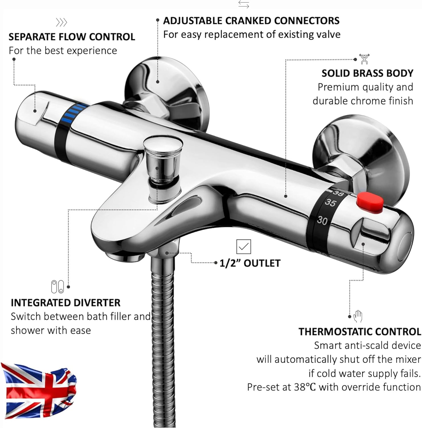 ENKI, Luna, BBT0171, Chrome, Thermostatic Bath Shower Mixer Valve, Wall Mounted, Solid Brass, Anti-Scald Device, Easy to Install Replacement Bath Shower Valve, 10-Year Guarantee image number 6