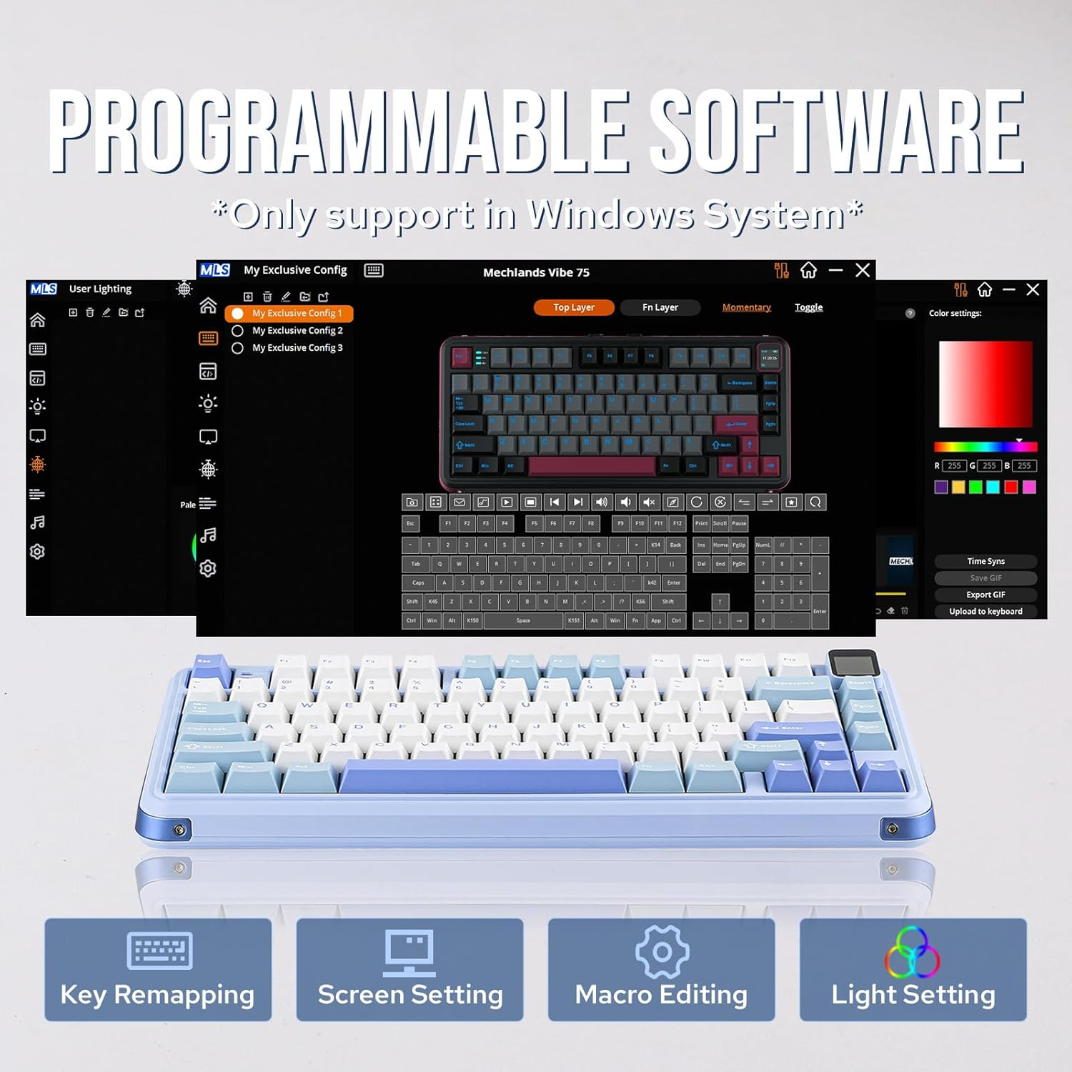 Mechlands Vibe75 75% Wireless Gaming Keyboard with Interchangeable Screen&Knob Modules, Hot Swappable Creamy Mechanical Keyboard with Gasket Structure, Bt5.0/2.4Ghz/Usb-C, 5-Layer Padding, RGB (Blue)