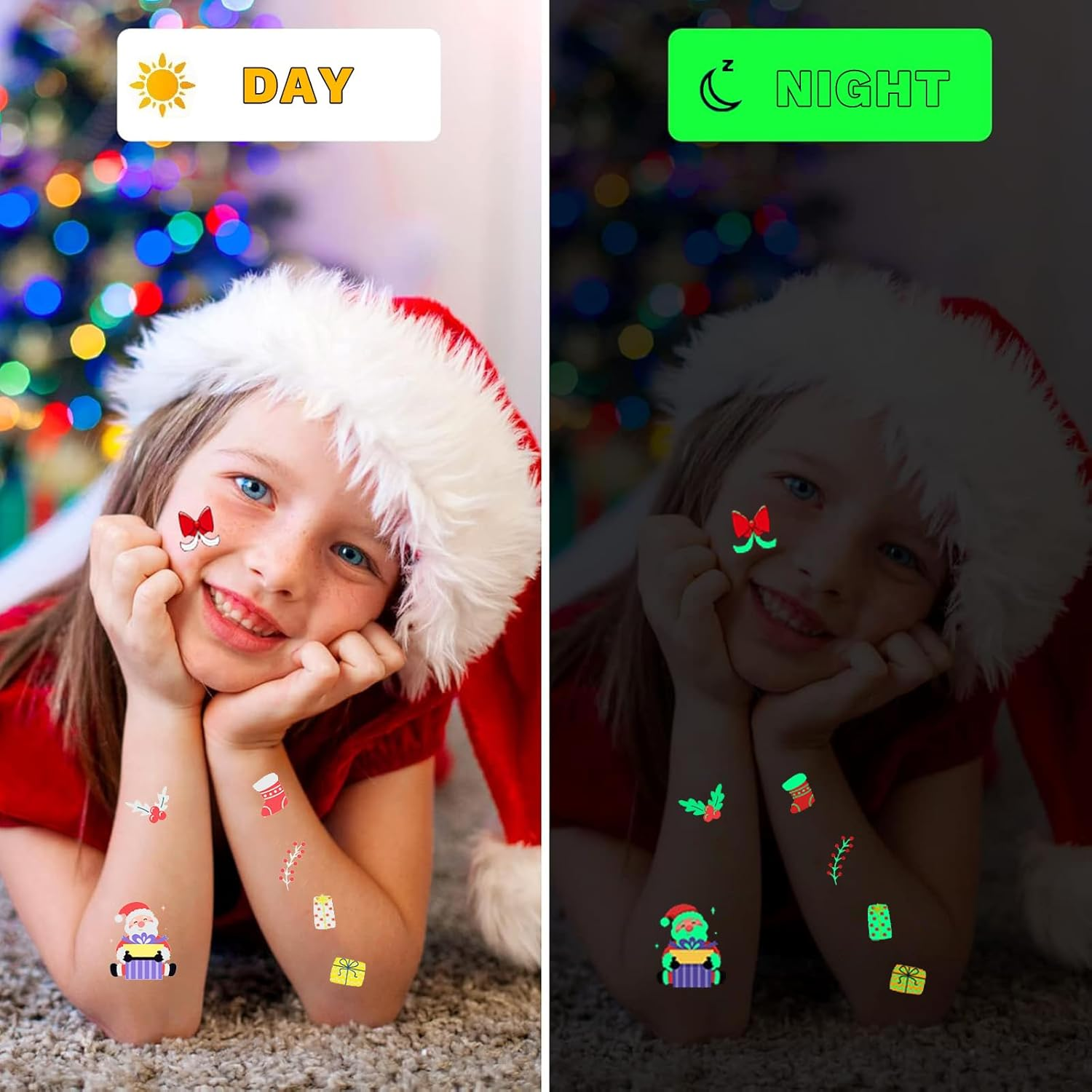 16 Sheets 210 Pieces Christmas Luminous Temporary Tattoos Stickers for Kids Adults, Cute Tattoo Decorations, Glow in the Dark Tattoos Waterproof Tattoos Stickers for Holiday Christmas Kids Gifts image number 1