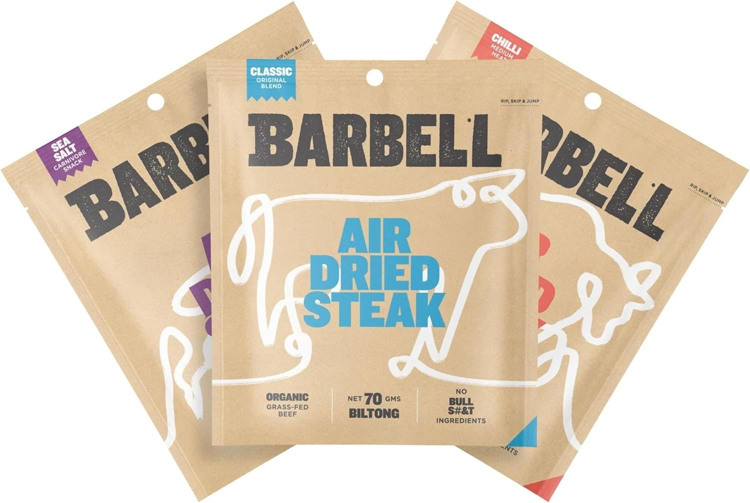 Barbell Biltong Air Dried Steak, Sample Pack, 3X70G Bags (Classic, Chilli & Sea Salt), Grass-Fed Beef, High Protein Meat Snack