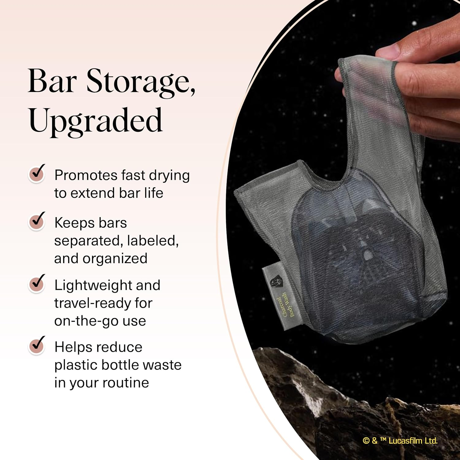 Kitsch X Star Wars Bar Soap Saver Bag &ndash; Recycled Mesh Beauty Bar Pouch for Body Wash, Conditioner & Shampoo Bars, Holder to Preserve Soap, Eco-Friendly, Patented Bag - Darth Vader image number 6