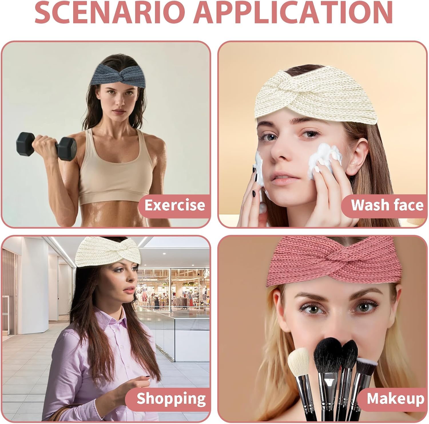 Pack of 3 Women'S Winter Knitted Headband Children Girls Autumn and Winter Simple Versatile Headbands Knitted Hair Band Ear Warmer Elastic Beige + Grey + Pink image number 1