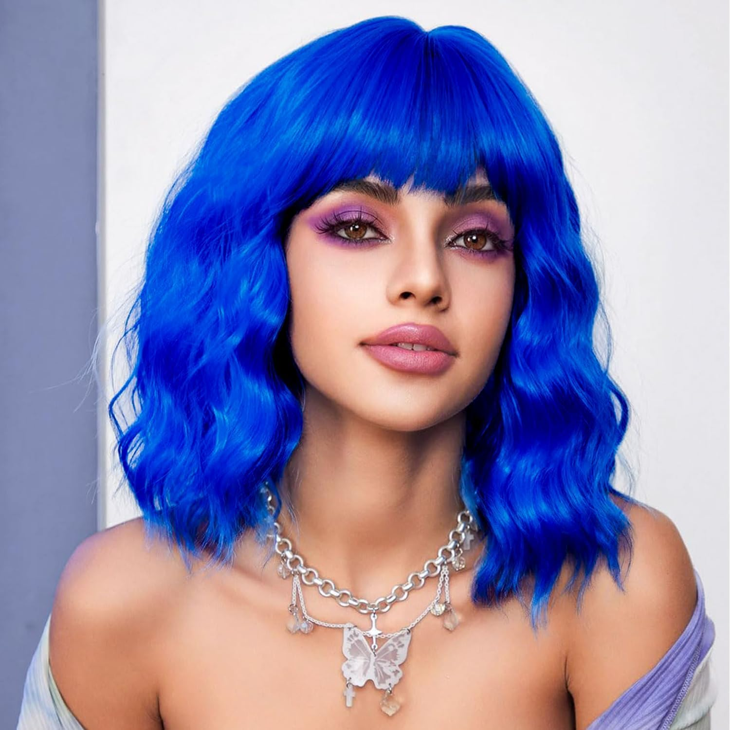 Short Bob Wig with Bangs Dark Green Loose Wave Wigs Shoulder Length 14Inch for Women Colorful Costume Wig Heat Resistant Fiber Hair for Daily Party Halloween Cosplay Use(313A#Darkgreen)