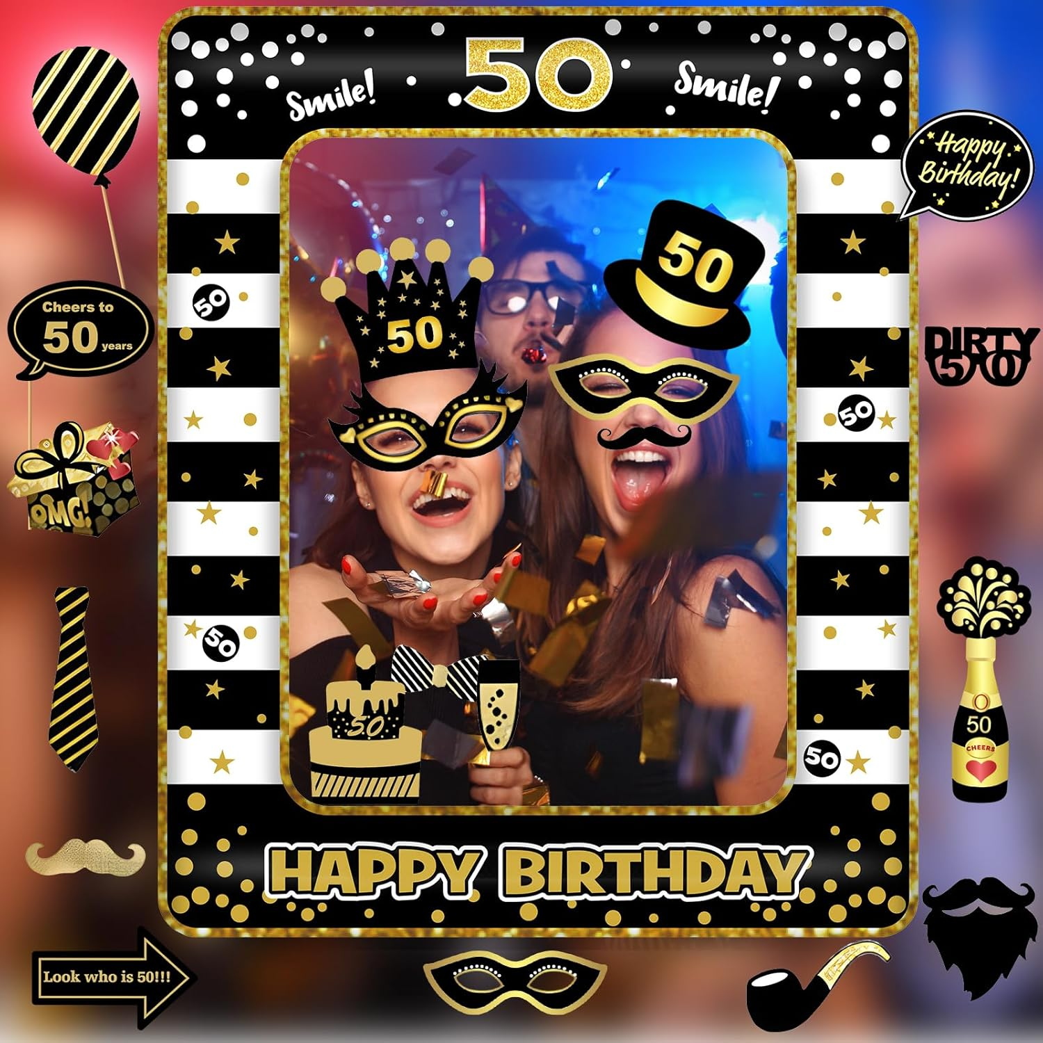 50Th Birthday Photo Booth Props and Inflatable Selfie Frame, 35 Pcs 50Th Funny DIY Birthday Party Props for Women Men, Black Gold Inflatable Party Photo Booth Frame image number 6