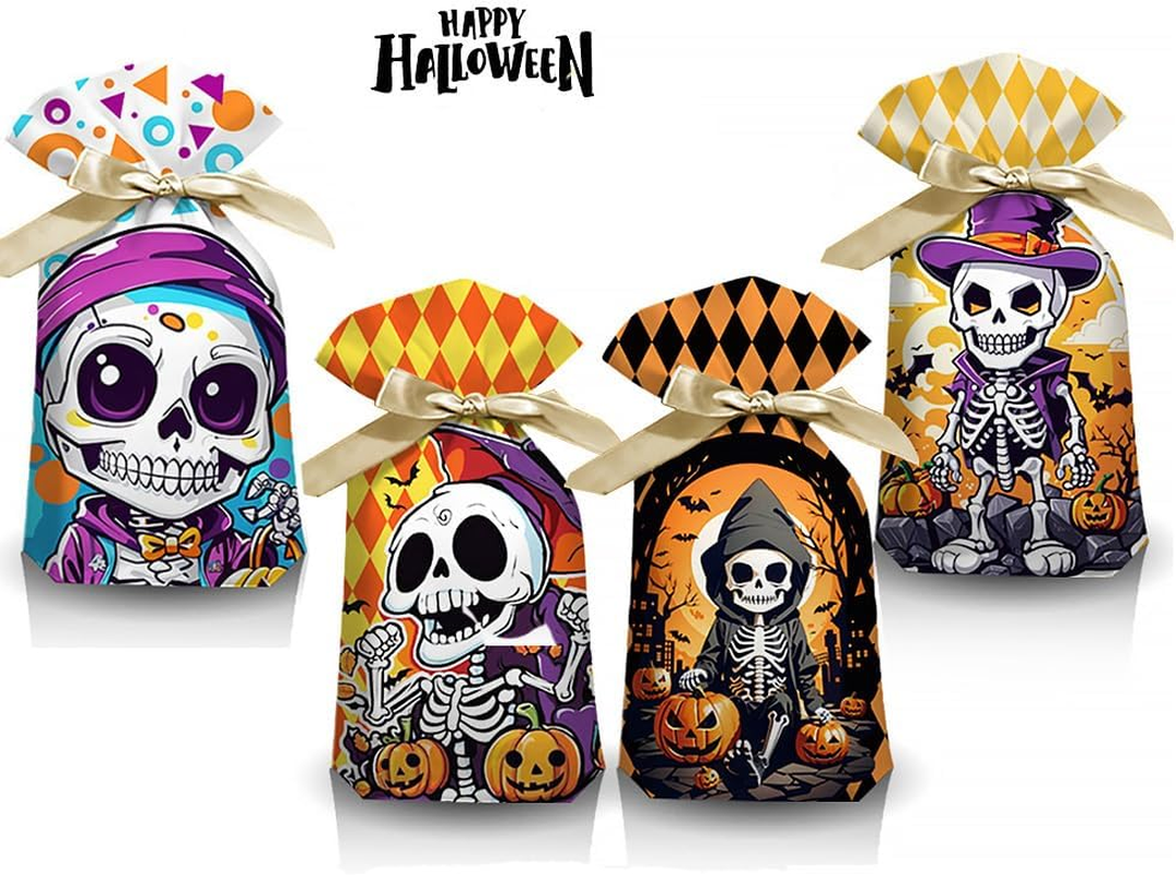 PQCLXUYA 65Pcs Halloween Treat Bags,Goodie Bags Drawstring,Plastic Drawstring Gift Bag for Kids Halloween Party Favor Trick or Treat Goody Bags Cookies Sweets (Halloween) - Halloween image number 2