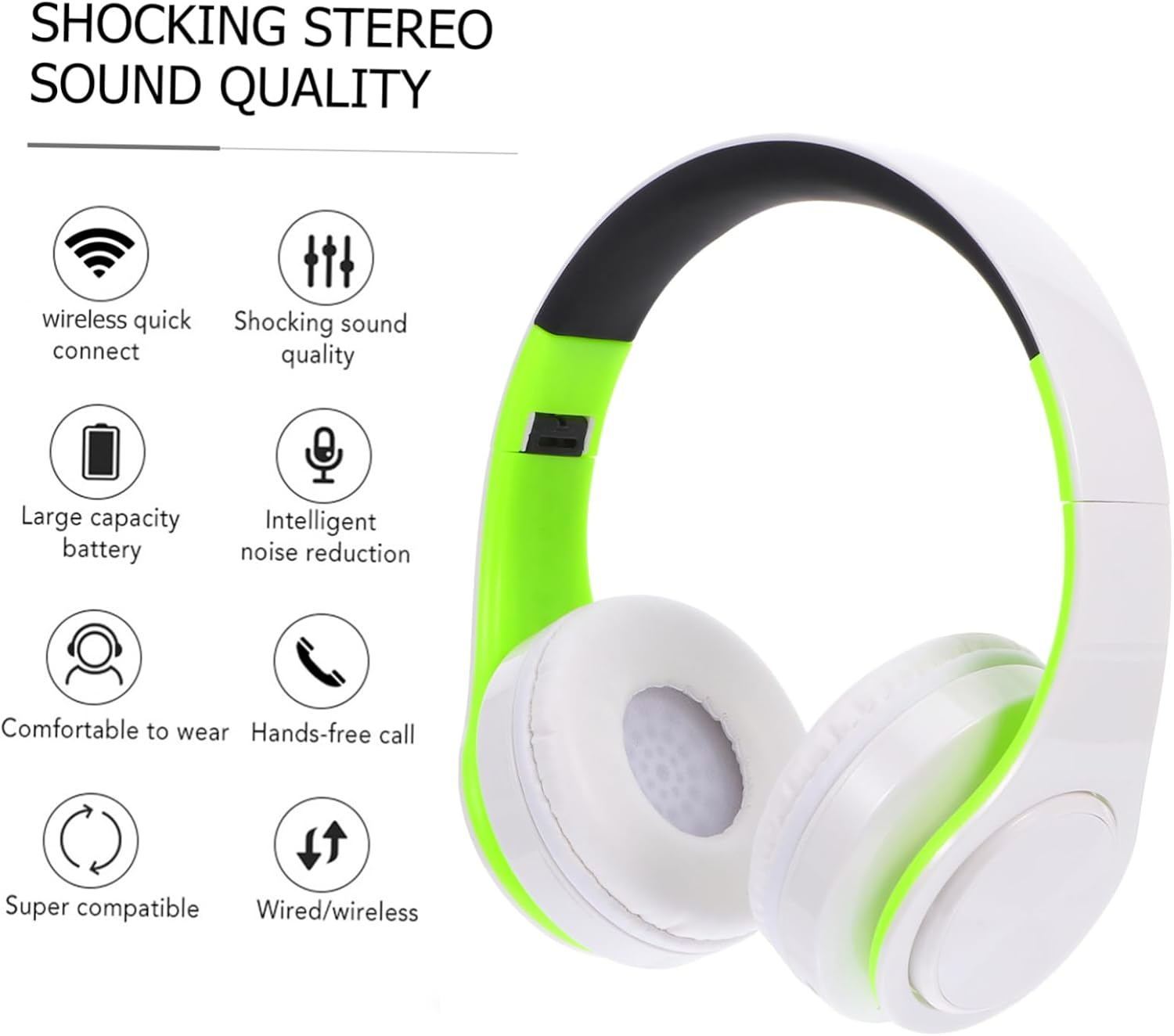 NUOBESTY Foldable Over-Ear Wireless Headphones with Noise Cancelling and Adjustable Headband, Stereo Wireless Headset for Music and Calls, Compatible with Cellphones and Pc, Green White image number 6