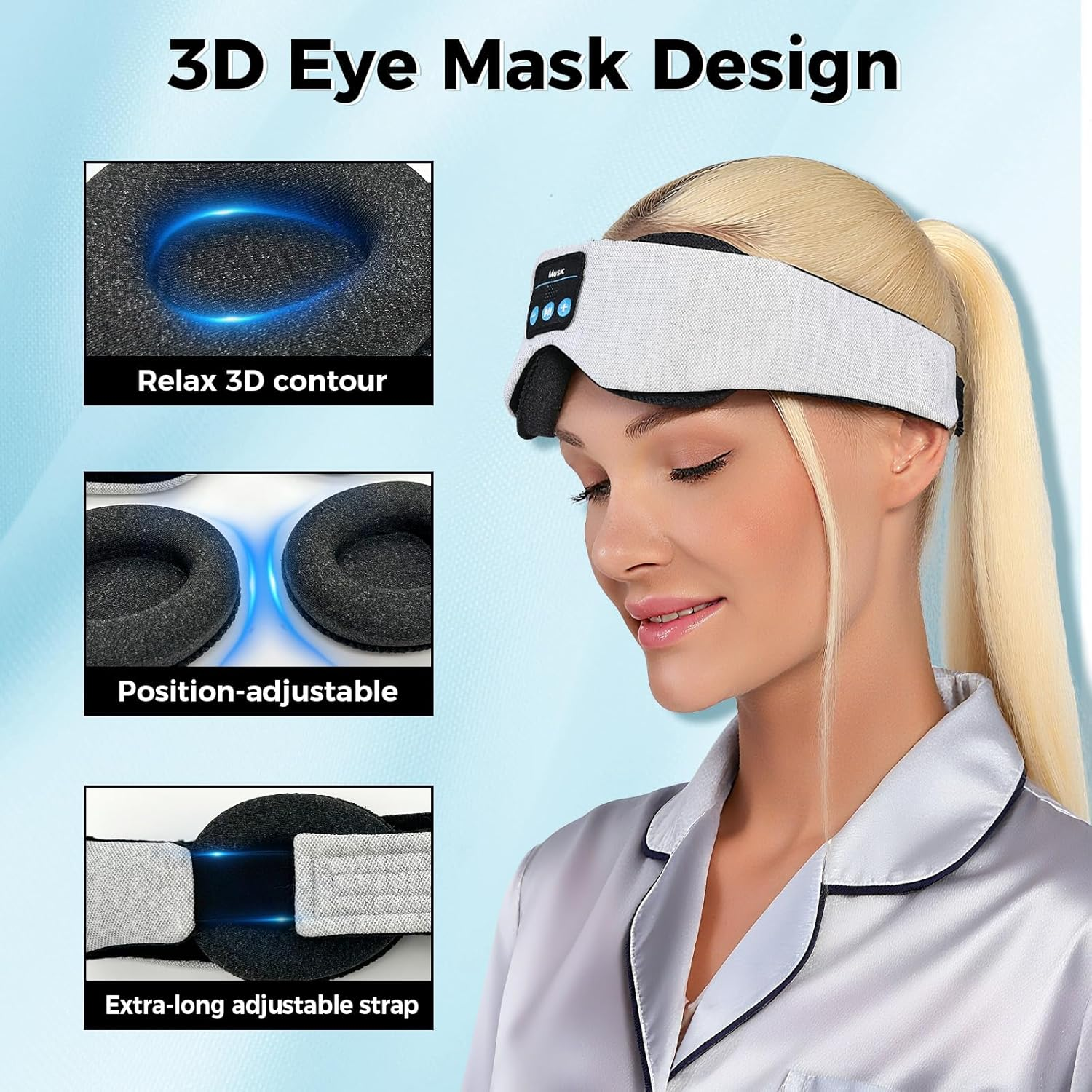 Sleep Mask, 3D Bluetooth Sleep Headphones, Adjustable Sleeping Mask for Women Men, Perfect Gifts Blindfold for Sleep/Travel/Sports (Grey)
