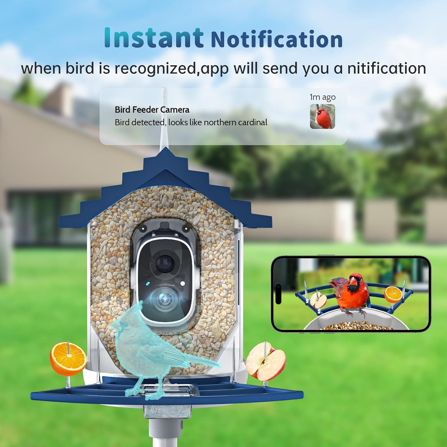 Smart Bird Feeder with Camera Solar Powered & AI Bi Rd Identification, 2.4Ghz Wifi Bird Feeders for Outdoors, 2K Live Video, Nstant Arrival Alerts - Best Gifts for Bi Rd Lovers（Indigo Blue）