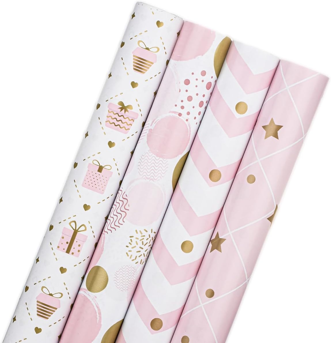 JUSTASHOW Gift Wrapping Paper for Birthday, Christmas Baby Shower(Pink), 4 Rolls Birthday Wrapping Paper for Girls Women Kids Adults, 17X118 Inches per Roll image number 1