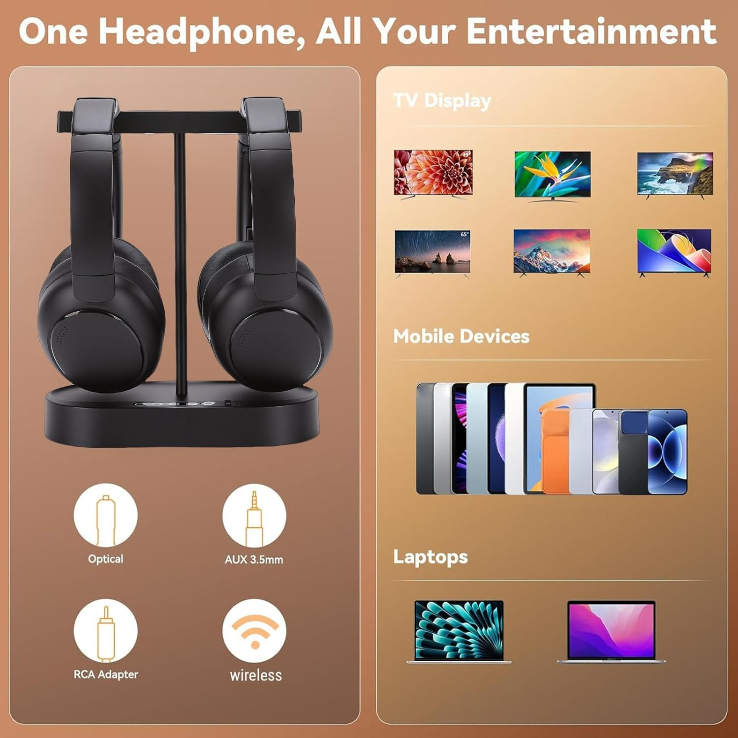 Generic TV Dual Wireless Headphones, 5.4 2.4Ghz Transmission Low Latency 40Ms 40H Playtime Comfortable Ear Cushions, with Transmitter Charging Base, for Seniors image number 2