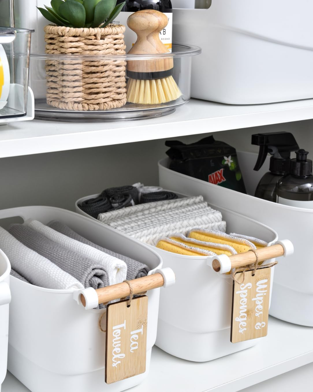 Under Sink Storage Set &ndash; 2 Tier Drawer with Adjustable Dividers, 25Cm Lazy Susan, White Storage Tubs with Wooden Handles &ndash; Space-Saving Organiser for Kitchen, Bathroom & Laundry image number 1