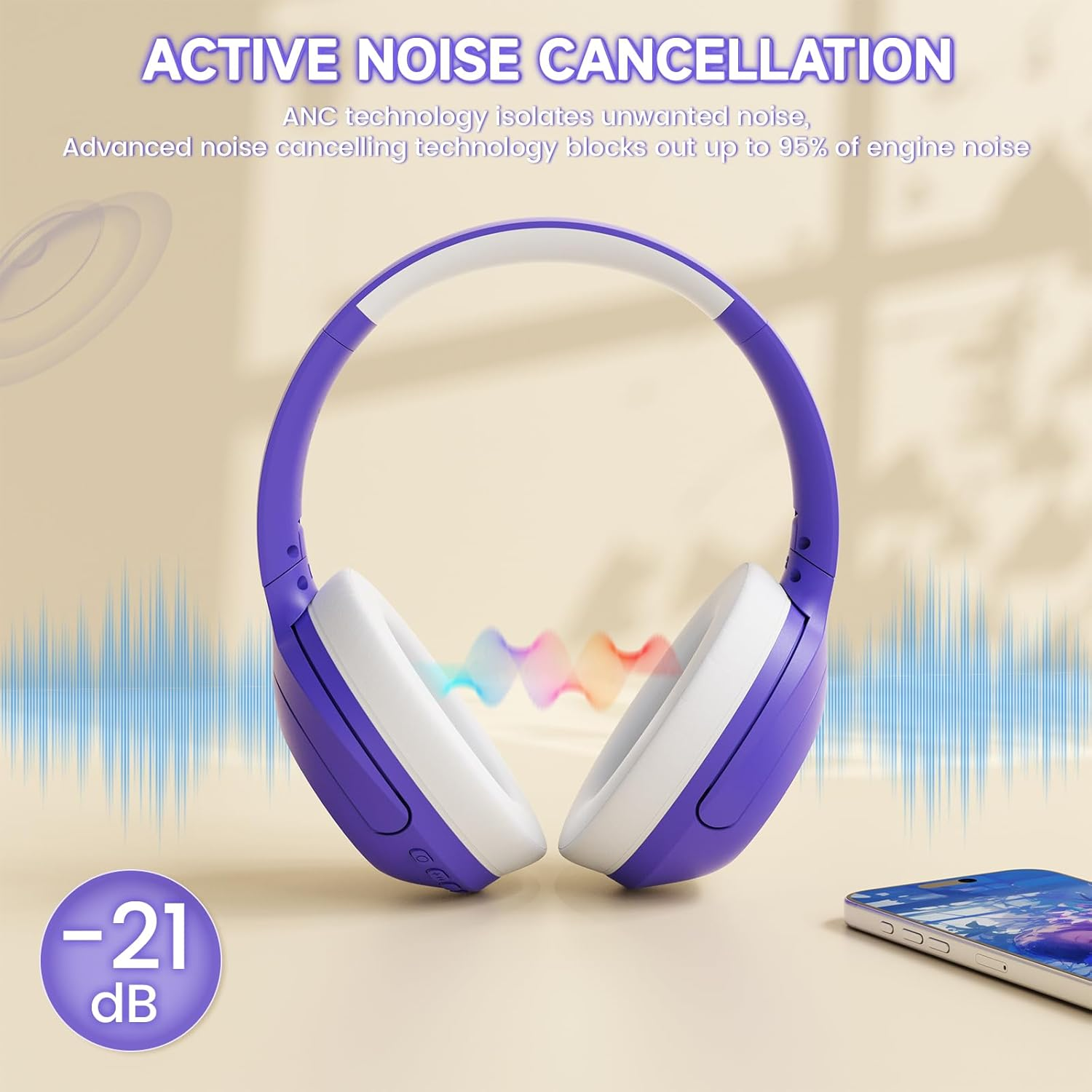 Lexonelec X Attack Shark G300 Wireless Active Noise Cancelling Headset, Bluetooth 5.3 Deep Bass HD Stereo Sound over Ear, 20H Playtime, Built-In Mic Lightweight Design 3.5Mm Gaming Headset(Purple)