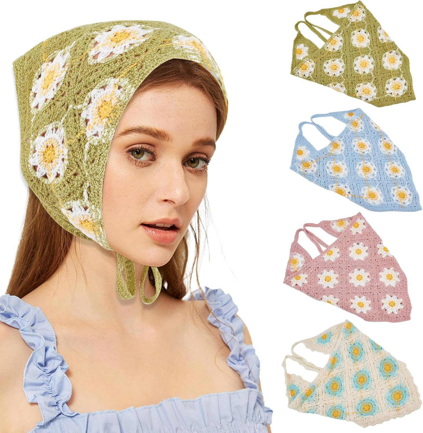 NICENEEDED 4 Pcs Crochet Bandanas Headbands, Flowers Knitted Headscarf Hairbands Foral Headwrap Knit Bandana Headband Scarf Tie-Back Head Coverings Hair Accessories image number 1