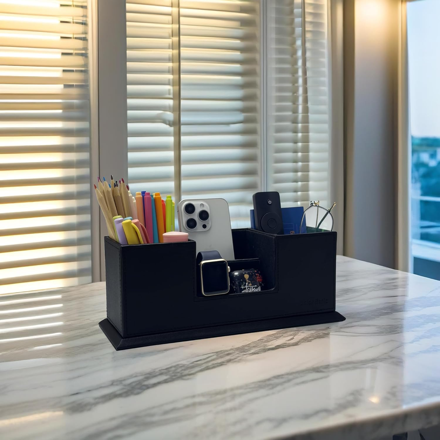 Unionbasic PU Leather 4 Compartment Desk Organizer Card/Pen/Pencil/Mobile Phone Office Supplies Holder Collection Desktop Organizer (Black) - Blue,White image number 7