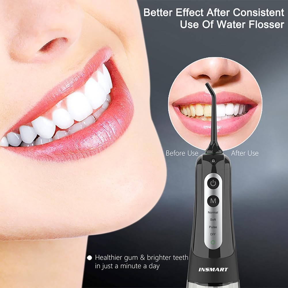 INSMART Water Flosser Cordless Dental Pick for Teeth Clean, Professional Oral Irrigator DIY 4 Modes IPX7 Waterproof 300ML Tank USB Rechargeable, Irrigate Jet for Plaque Removal Oral Gums Care - Black image number 4