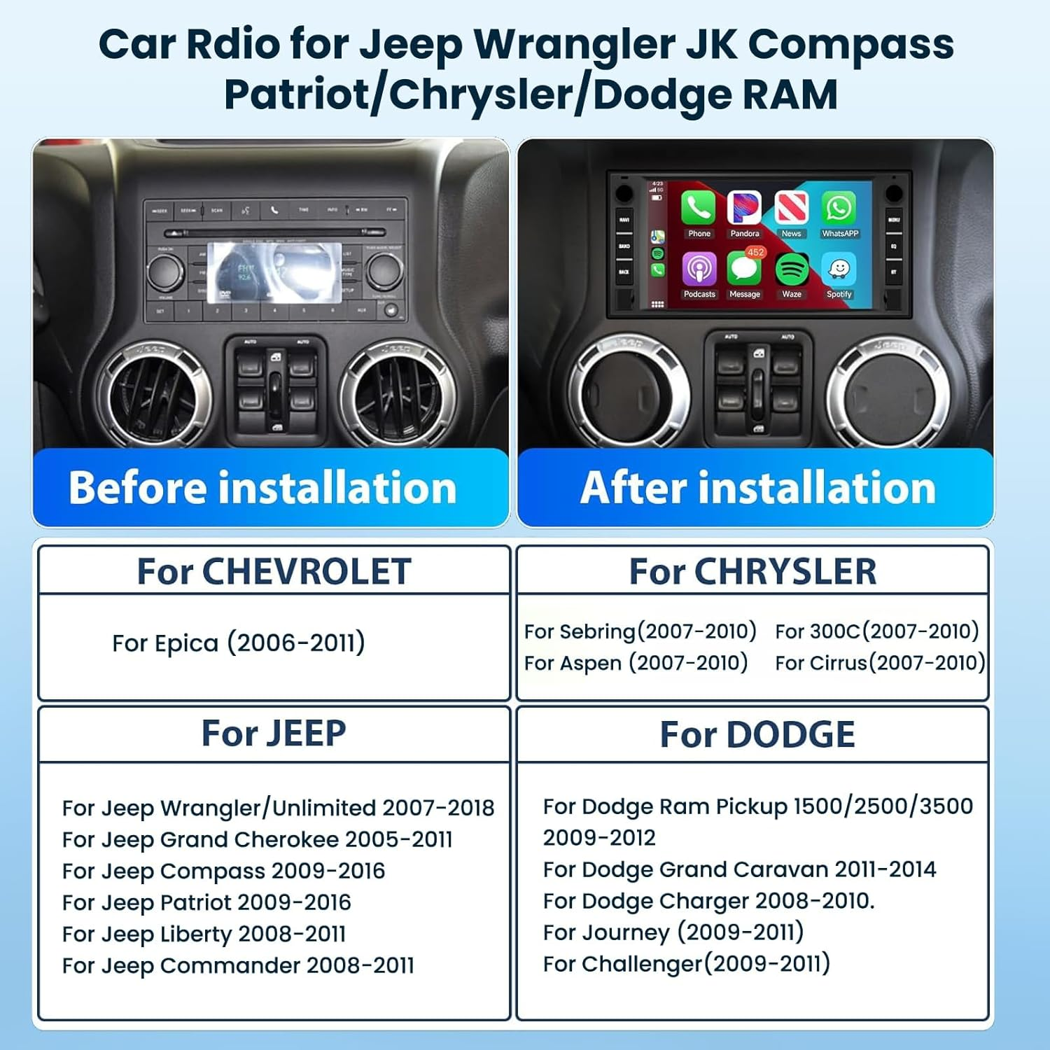 [2G+64G] Car Stereo Radio for Jeep Wrangler JK Compass Patriot/Chrysler/Dodge RAM with Wireless Carplay Andriod Auto, 7 Inch Touch Screen Android 13 Headunit with GPS Navi/Wifi/Bluetooth/Camera image number 6