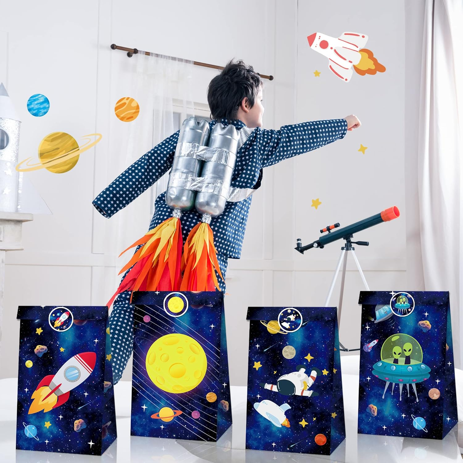 Outer Space Party Favor Bags - 24 Pack with 36 Stickers, Planet Galaxy Candy Bags - Goodie Bags for Birthday, Baby Shower, Space Theme Party - Jungle Safari image number 2