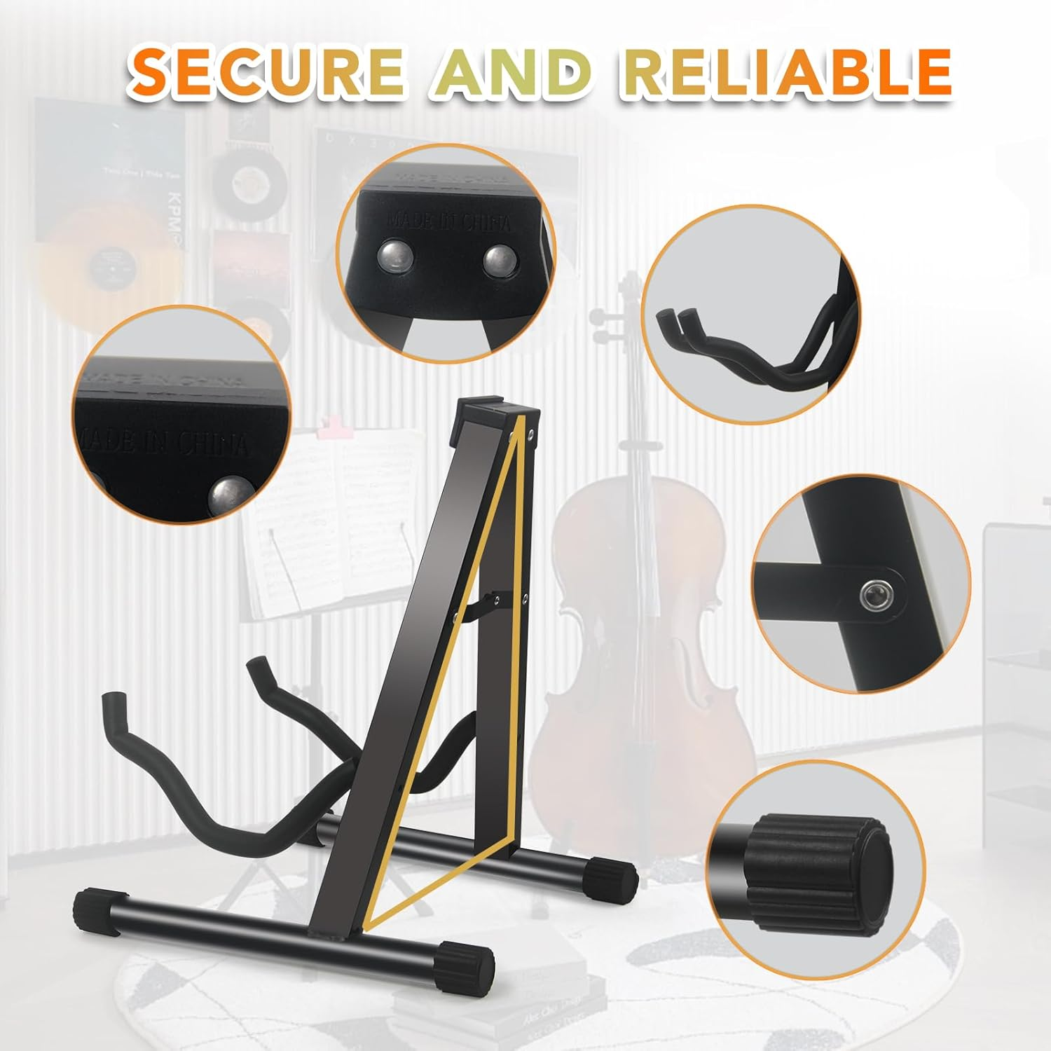 Geewin A-Frame Folding Cello Stand, 1/8-4/4 Cellos, Guitar Stand, Black, Plastic/Metal (Main Body), Rubber Feet image number 4