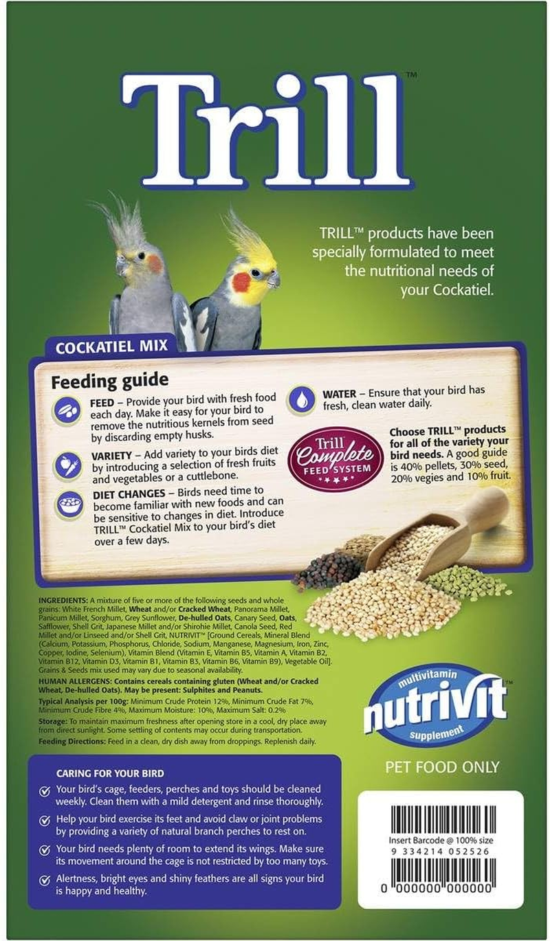 Trill Cockatiel Mix 1.8 Kg &ndash; Bird Seed Mix with Nutrivit Multivitamin Supplement, for Small & Medium Parrots &ndash; Bird Food with Nutritious Millet, Sunflower Seeds, Grains and Oats& More