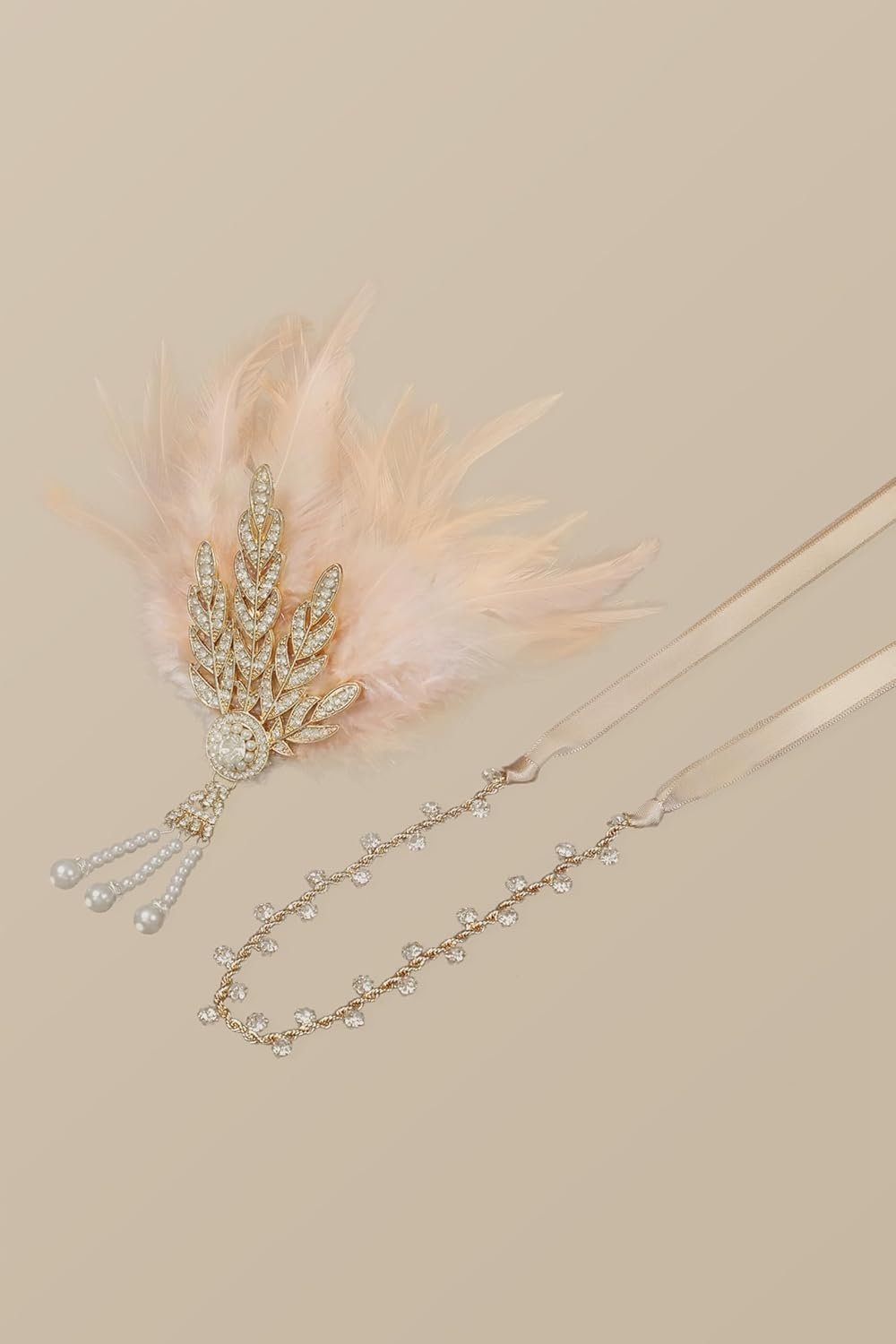BABEYOND Art Deco 1920'S Flapper Great Gatsby Inspired Leaf Medallion Pearl Headband Feather (Gold and Champagne Feather) - Gold image number 7