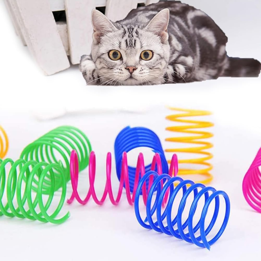 Plastic Spiral Springs, Colourful Spiral Springs, Pack of 4 Interactive Spiral Cat Toy, Cat Toy Spring, Cat Toy, Colourful Spiral, Colourful Spiral Cat with 3 Pompoms for Cats image number 2