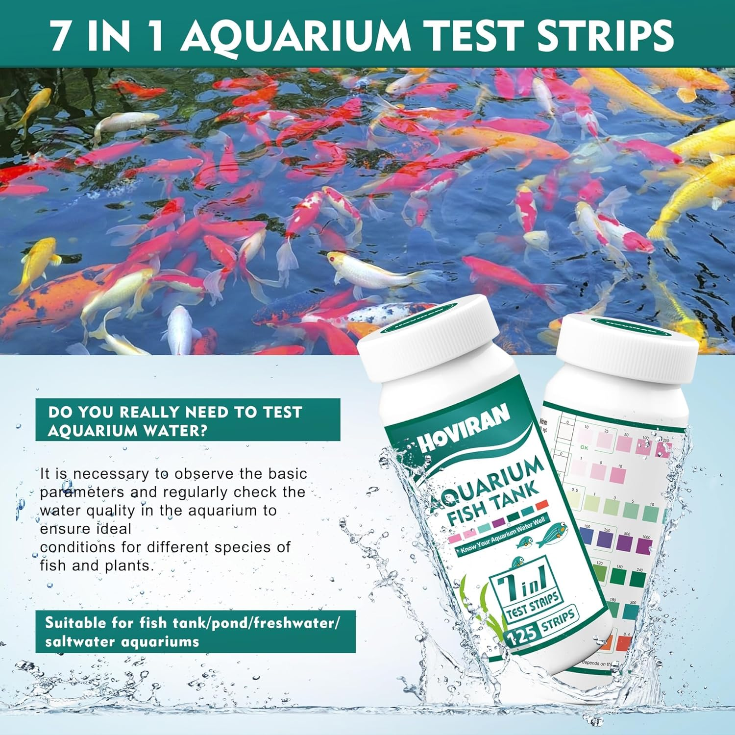 7 in 1 Aquarium Test Strips, 125 Count Fish Tank Test Strips for Freshwater Saltwater Pond, Water Testing Kit Aquarium for Chlorine, Total Hardness, Carbonate, Alkalinity, Nitrate, Nitrite and Ph image number 4