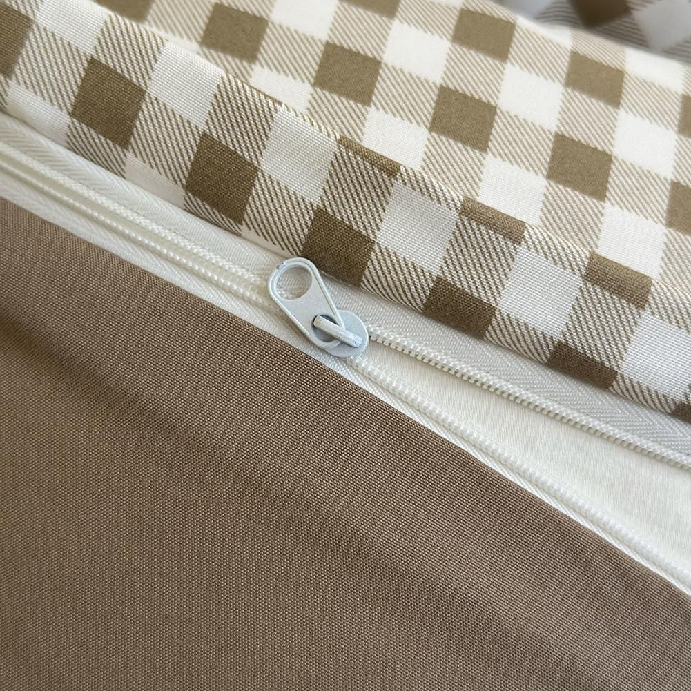 NSNLGSGC Queen Gingham Grid Duvet Cover Set Tan- Washed Microfiber Plaid Comforter Cover Set Brown Soft & Lightweight Breathable Clean Bedding Set(3Pcs, Queen) image number 4