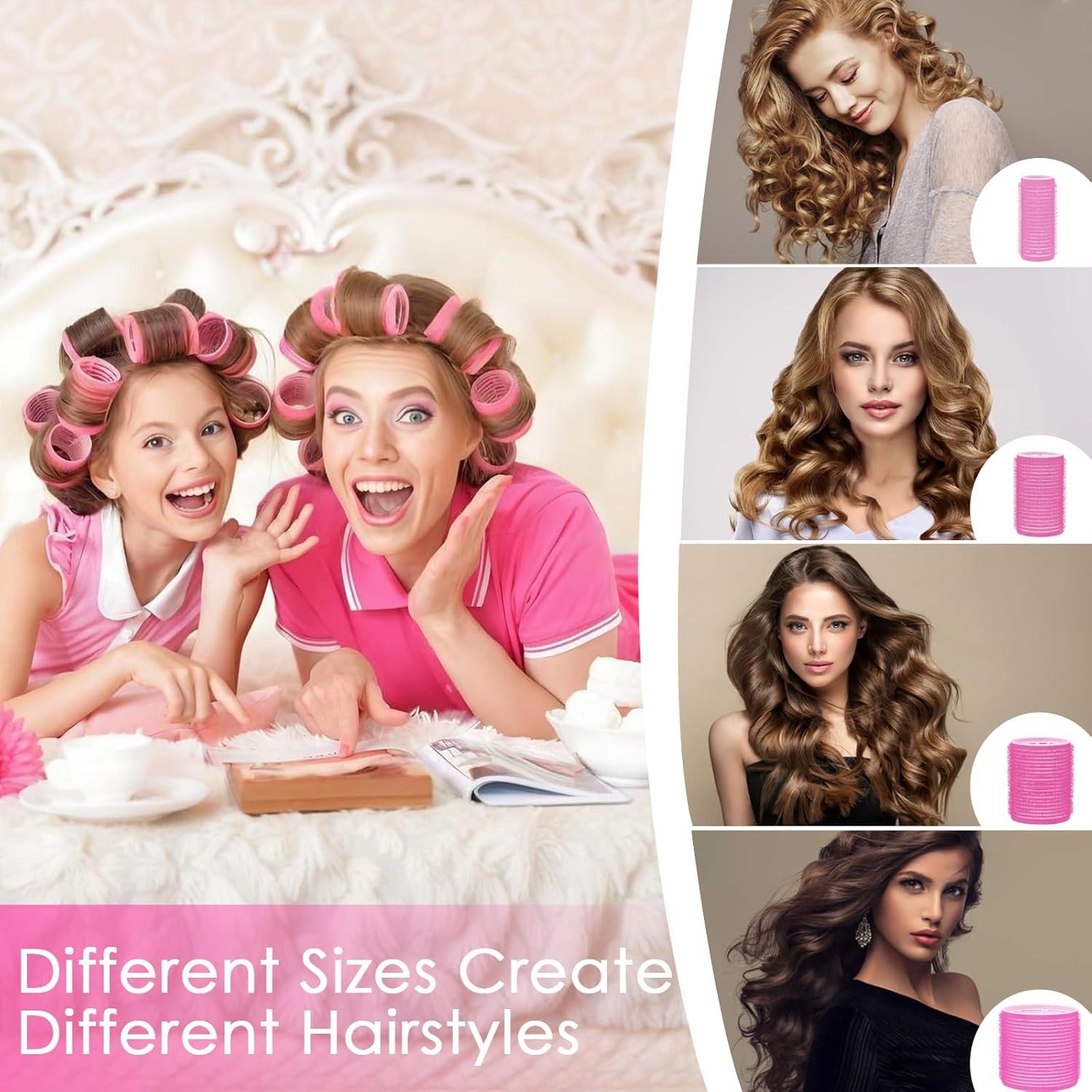 Jotia 50Pcs Hair Rollers Set, Including 24Pcs 25Mm/36Mm/48Mm/60Mm Self Grip Curler Roller, Clips, Comb and Storage Bag, Hair Heatless Roller Hair Curlers Set for All Hair Types (Rose Red) - Rose Red image number 6