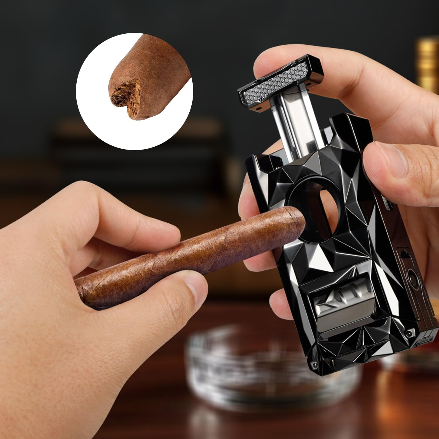 Torch Lighter with Windproof Jet Flame, Built-In V Cutter & Needle, Refillable Butane Gas Metal Lighter, Multifunctional All-In-One Pocket Lighters for Candles Men Gifts (Without Gas) (Black) - Black image number 6