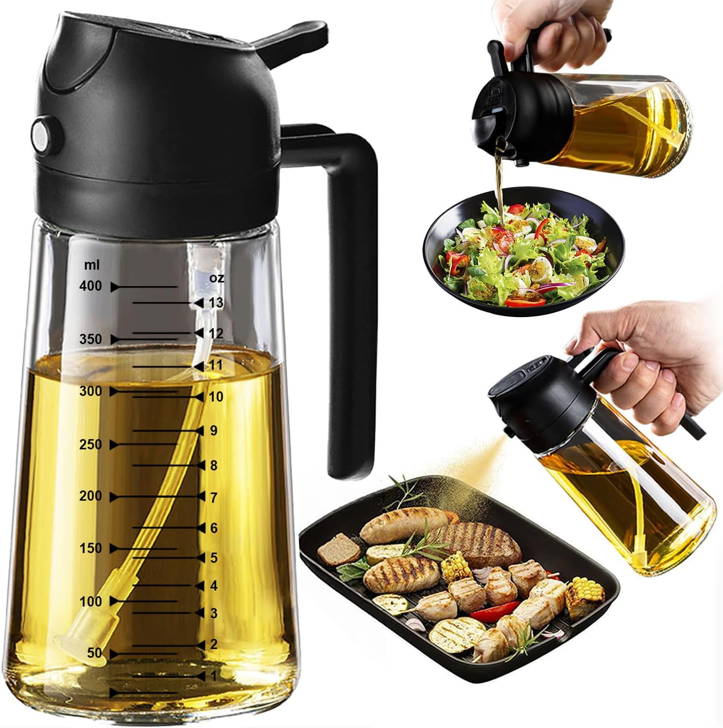 Trendplain 16Oz/470Ml Olive Oil Dispenser - 2 in 1 Olive Oil Spray Bottle for Cooking, Kitchen Tools, Air Fryer, Salad, and BBQ - White image number 3