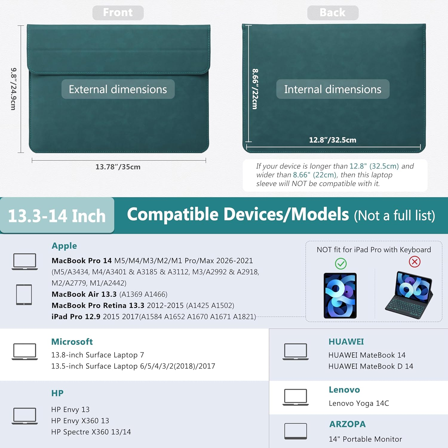 HYZUO 13.3-14 Inch Laptop Sleeve Case with Stand Feature for Macbook Pro 14 M5/M4/M3/M2/M1 2026-2021, Macbook Pro/Air 13.3, 13.5" 13.8" Surface Laptop, HP Spectre X360 13/14, Dark Green image number 5