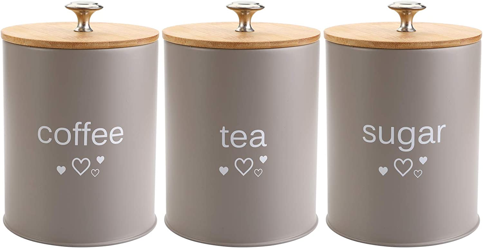 Fasmov Set of 3 Kitchen Canister Set, Coffee, Sugar, and Tea Storage Container Jars with Bamboo Lids for Storing Sugar, Coffee and Tea, Gray image number 4