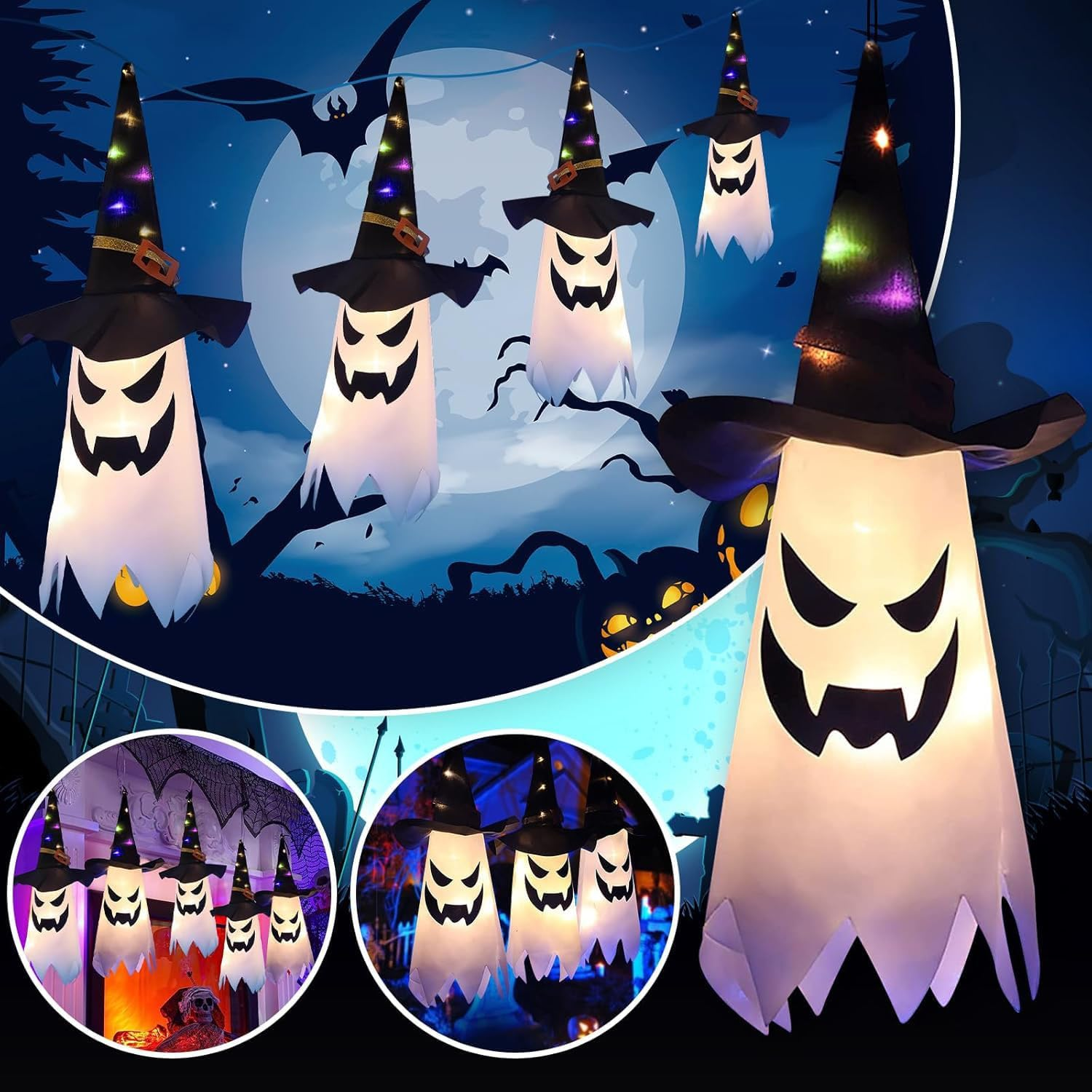 Kiimiipa 3 X Halloween Decorations Outdoor Indoor Decoration Ghost Hat Outdoor Decoration Hanging, Luminous Witch Hat Fairy Lights, Halloween Party Decoration Indoor Outdoor Trees Garden Patio (Style image number 5