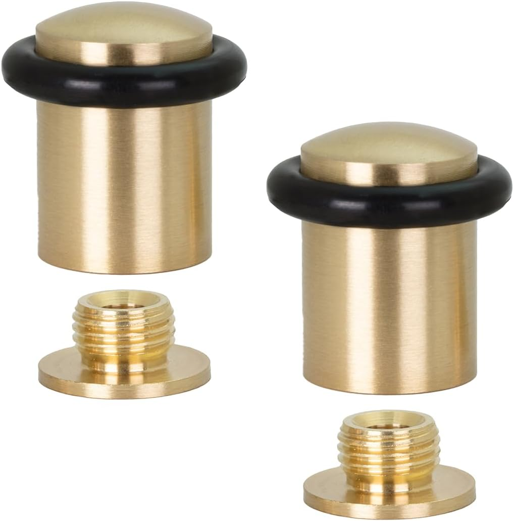EVI | Pack of 2 Door Stops | 20X29.5Mm | Threaded Base | Black Natural Silicone Rubber | Satin Matte Finished Brass | Includes Tools | Model I-108