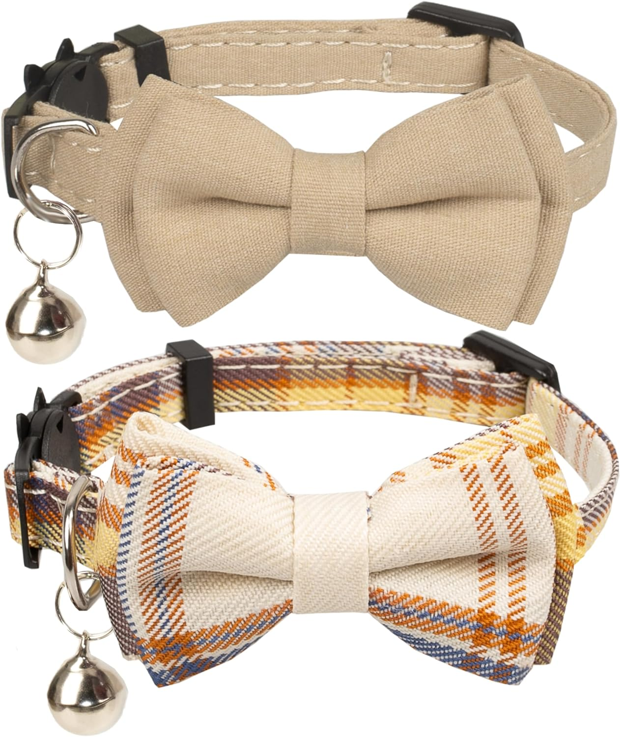 Gyapet Cat Collar Breakaway Bowtie Safety with Bell Adjustbale Kitten Puppy Solid Plaid Color Set D-[2Pcs] Blue