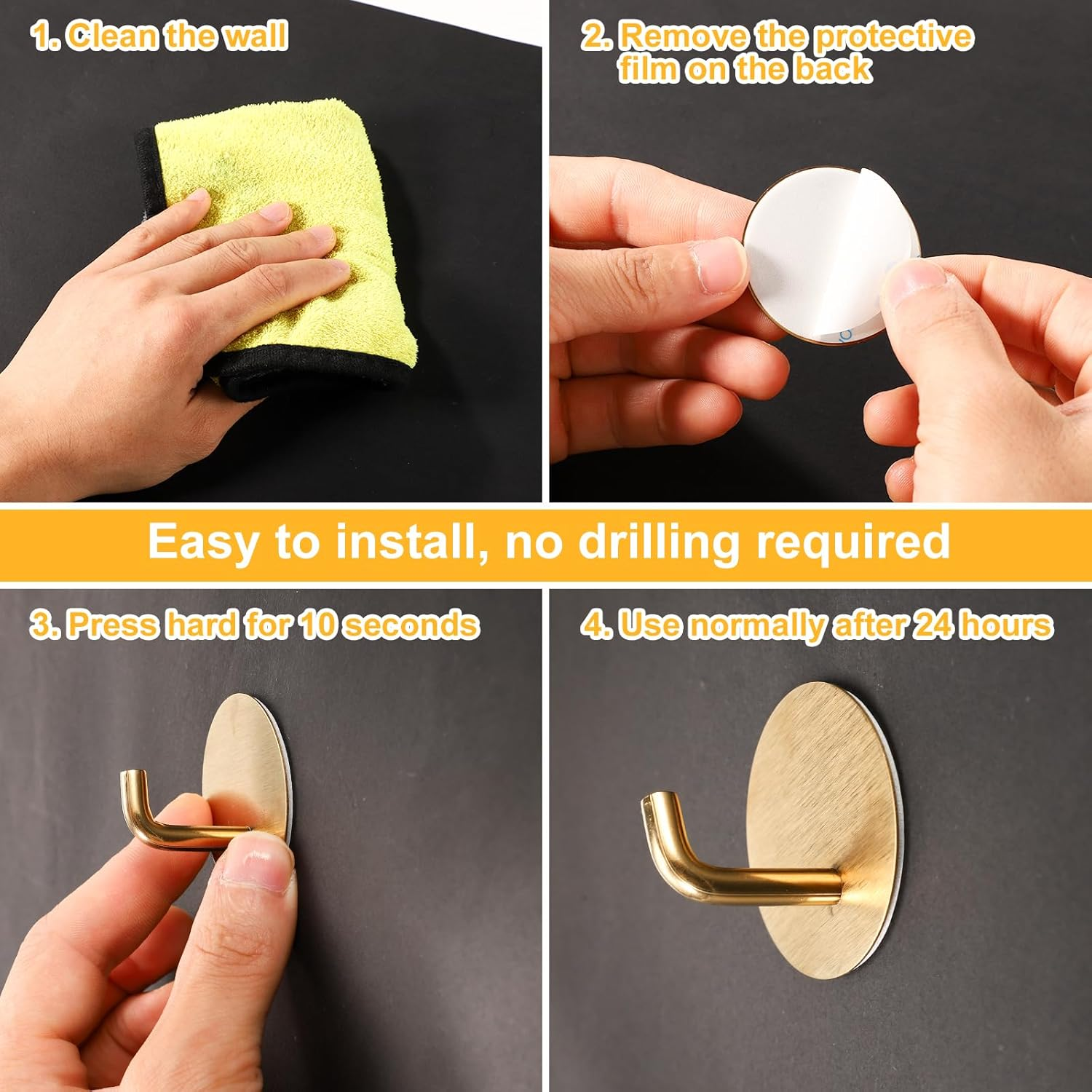 8Pcs Sticky Hooks, Stainless Steel Towel Hooks Adhesive Wall Hooks Waterproof Bathroom Hooks for Kitchen Bathroom Bedroom (Gold) image number 5