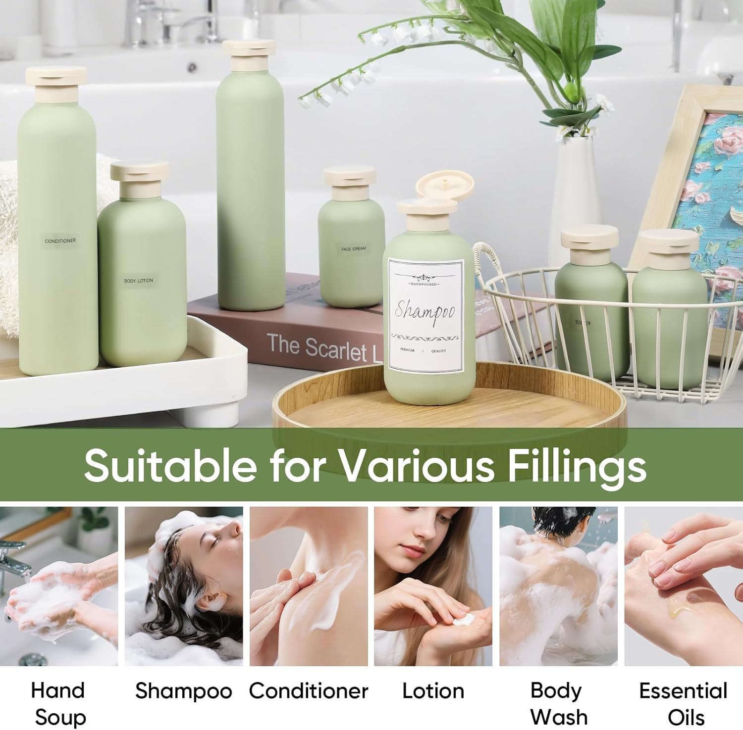 DEMORA Travel Bottles Essentials for Toiletries, Travel Size Containers for Shampoo and Conditioner, Refillable Toiletries Containers Leak Proof Plastic Squeeze Bottles with Flip Caps (6.6Oz, 4 Pcs)