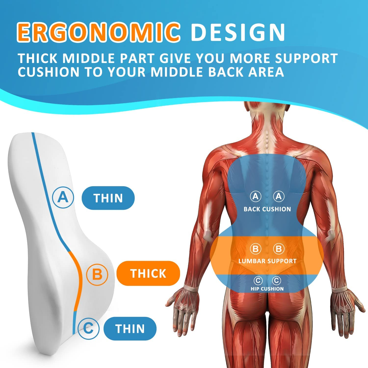 Thin and Light Back Cushion Lumbar Pillow for Home Chair, Office Chair,And Car Seat - Black image number 3